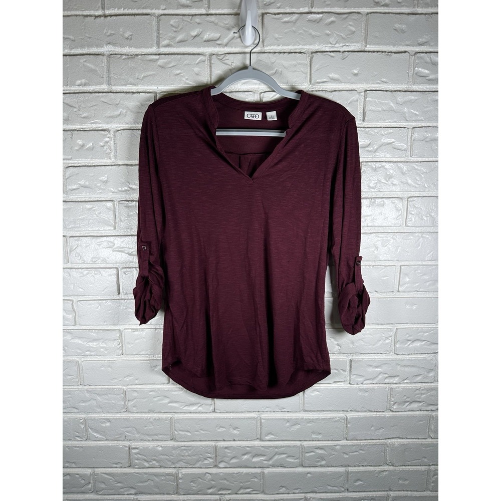 Cato Size S Bella Swan Coded Burgundy Slub Knit Roll Tab Sleeve Top